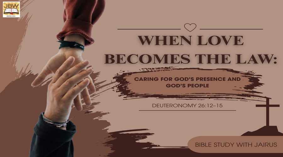 Banner promoting Bible study: two hands clasped in foreground, cross on the right, and the title 'When Love Becomes the Law: Caring for God’s Presence and God’s People' with Deuteronomy 26:12-15; 'Bible Study with Jairus' badge bottom right.